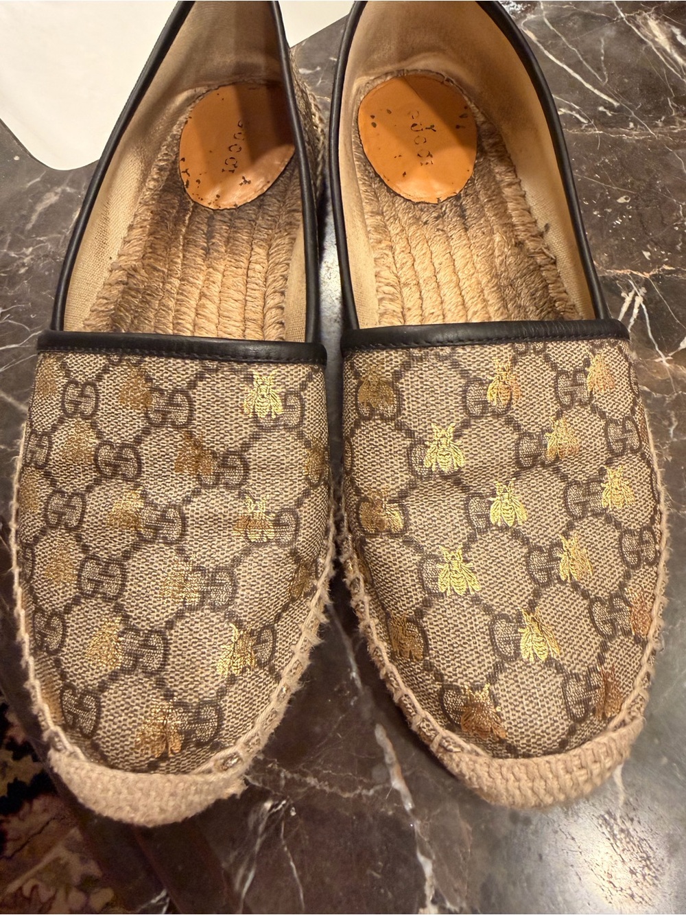 Gucci Bee GG Canvas Espadrille Loafers with Gold Bee Motif
